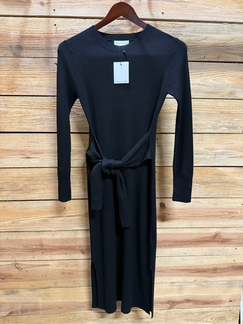 Gibson Latimer Black Rib-Knit Long Sleeve Tie-Waist Midi Dress Medium